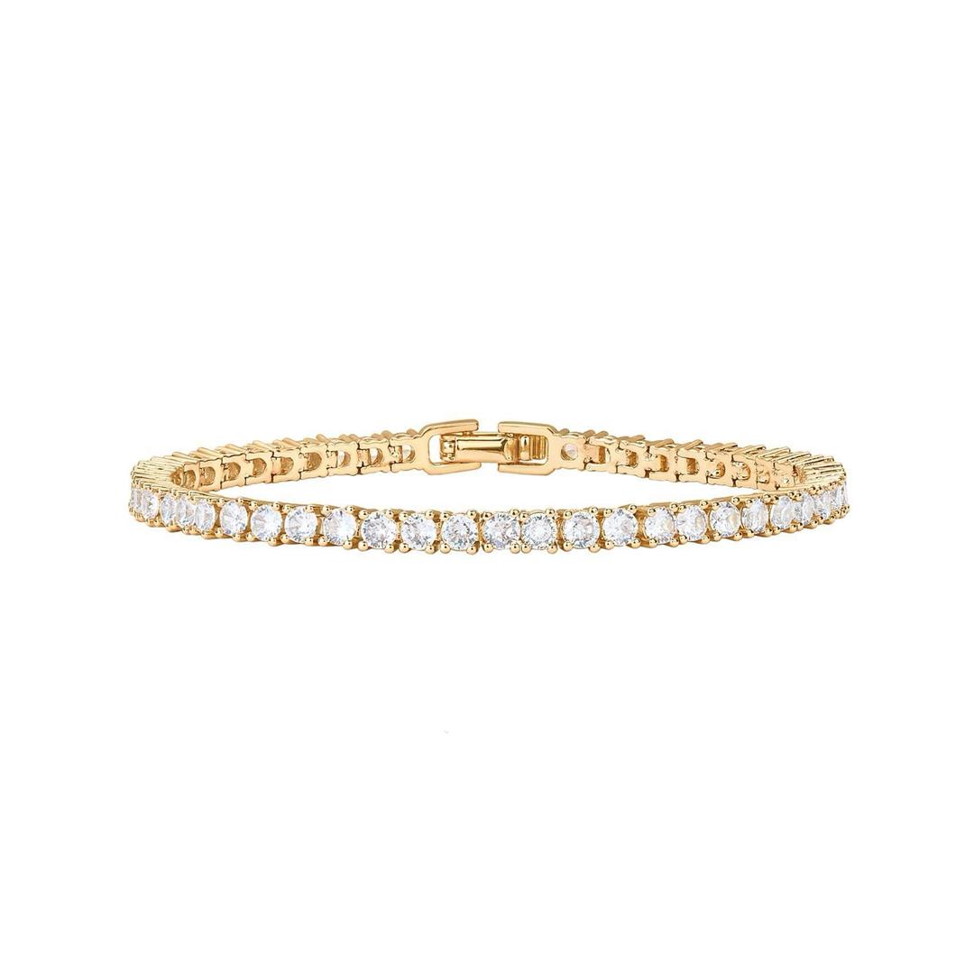 18k gold-plated tennis bracelet with handset cubic zirconia stones, refined minimal luxe jewellery with secure clasp fastening.