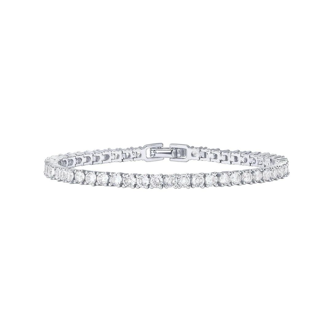 Silver tennis bracelet with handset cubic zirconia stones, refined minimal luxe jewellery with secure clasp fastening